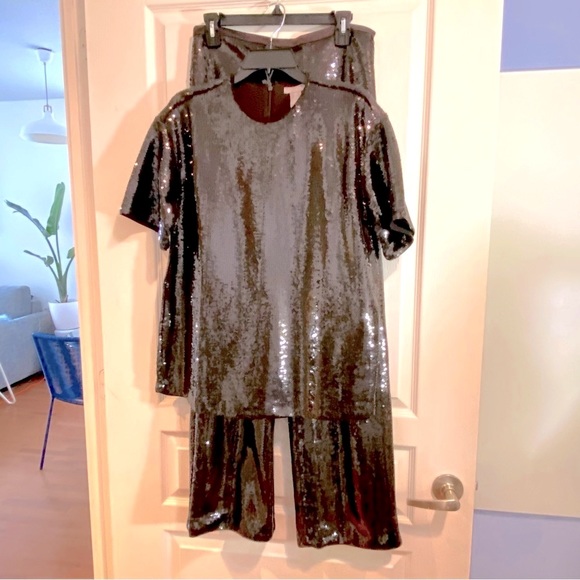 H&M Dark Brown Sequined Set - Top S / Pants size US 8 - Both NEW with tags - Picture 1 of 4